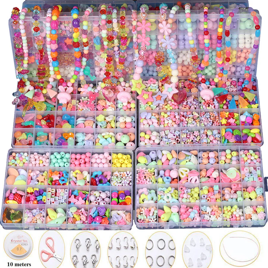 Children acrylic beads for making necklace/Bracelet/Ring with 10 meter elastic rope /kids girl DIY handmade craft educationl toy | Игрушки и