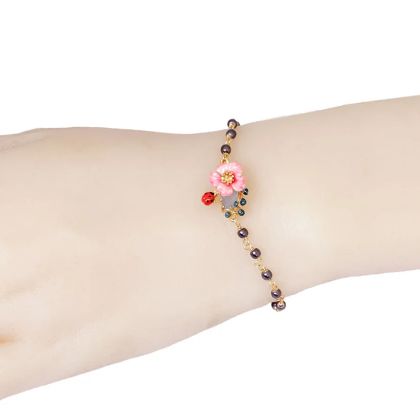 Розовое золото розовый цветок черный жемчужный браслет armbanden voor vrouwen Pulseira Feminina