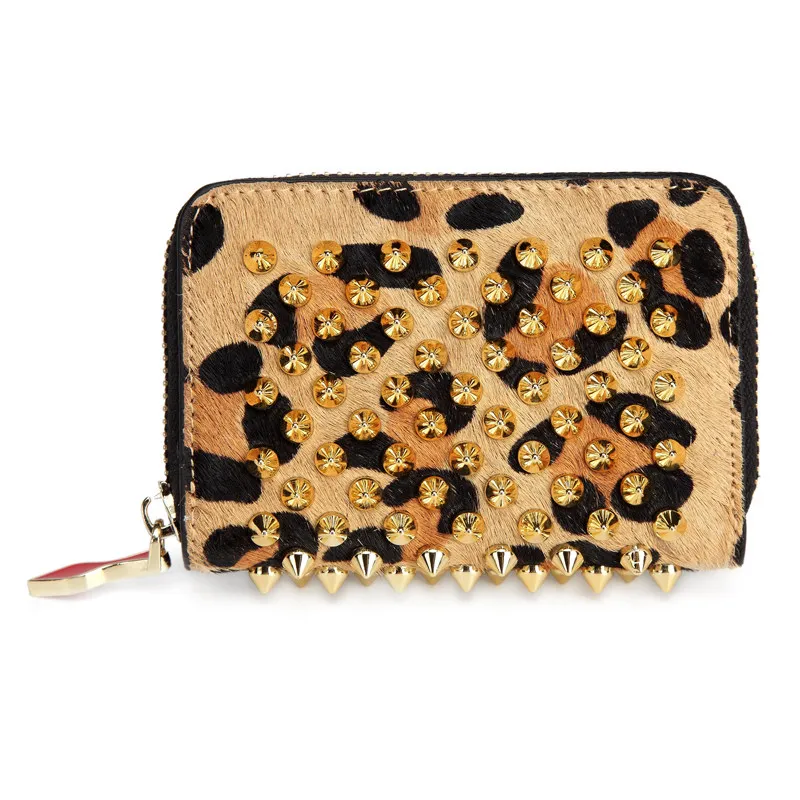Leopard Card Holder CAJIFUCO Леопардовый кошелек на молнии с заклепками для карт Porte Carte Spike, кредитный держатель для карт, кошелек для монет из натуральной кожи с заклепками, Portefeuille - Цвет: Leopard Card Holder