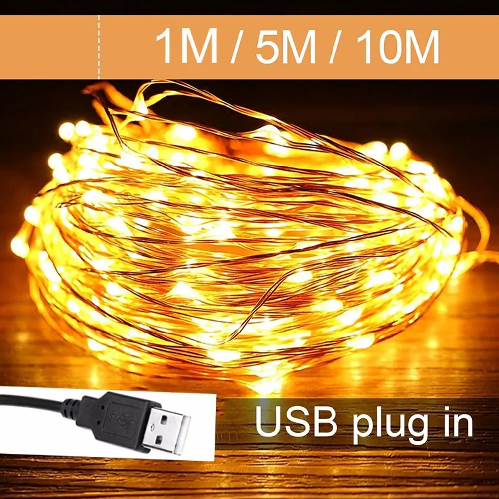 5/10m Водонепроницаемый USB светодиодный Медный провод гирлянда Декорация