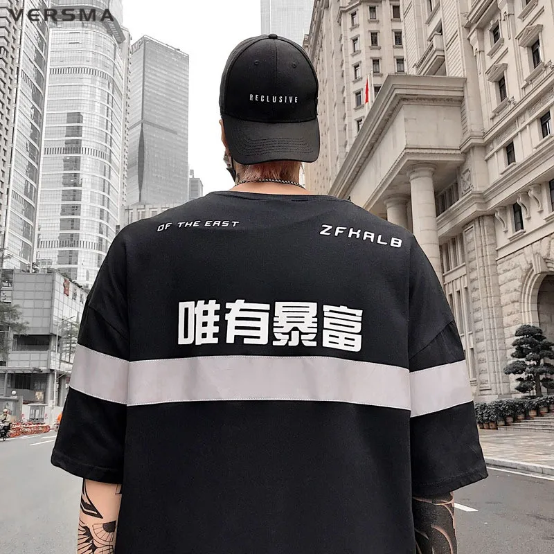 VERSMA корейская Harajuku Светоотражающая светящаяся китайская печатная Футболка мужская летняя Высокая улица K поп винтажная парная Футболка мужская
