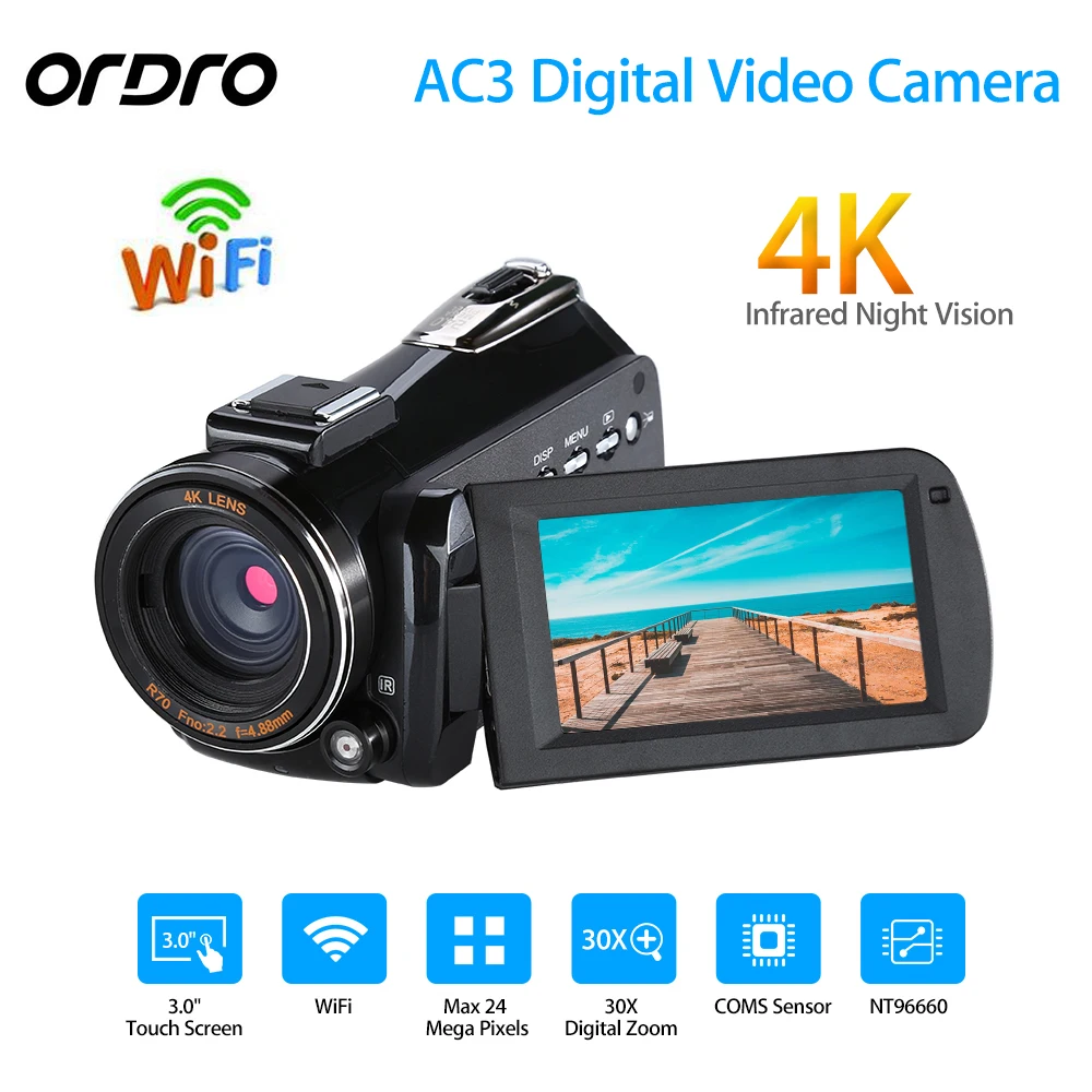 

[ Authorized Distributor ] Ordro AC3 UHD 4K WiFi 24MP 30X Zoom IR Night Vision Camera DV Digital Camcorder HDV AC3