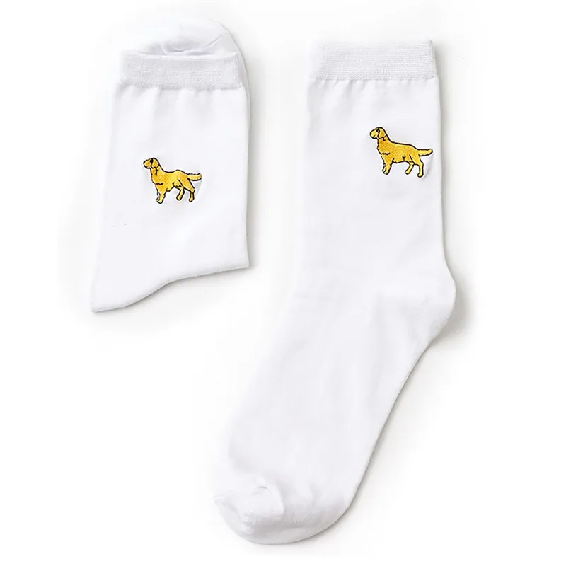 Пара стереоскопических жаккардовых белых носков с милой вышитой собачкой из