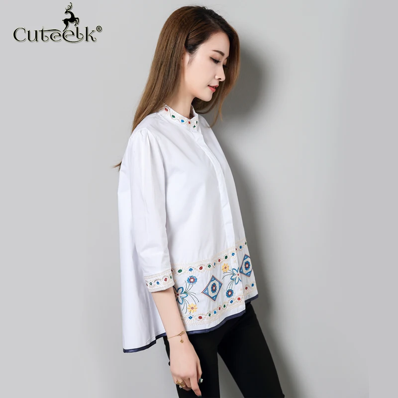 2017 blusas Винтаж Рубашки домашние муж. Для женщин короткий рукав цветок Вышивка