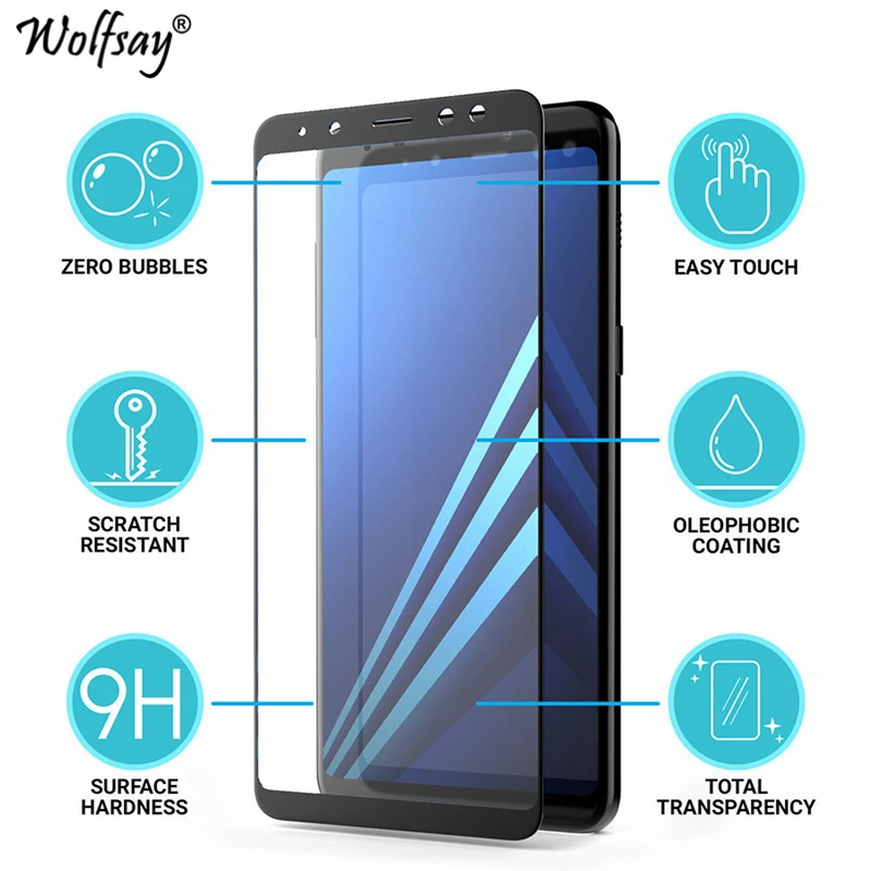 Vidrio templado de cobertura completa curvado 3D para Samsung Galaxy A8 2018, pel&iacute;cula protectora de pantalla para Samsung Galaxy A8 2018, vidrio Wolfsay-0