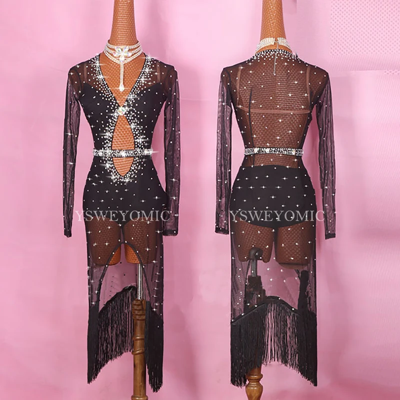 Red Black Shiny Rhinestones Latin Dance Performance Female Clothing Competition Suit Dress for Women | Тематическая одежда и