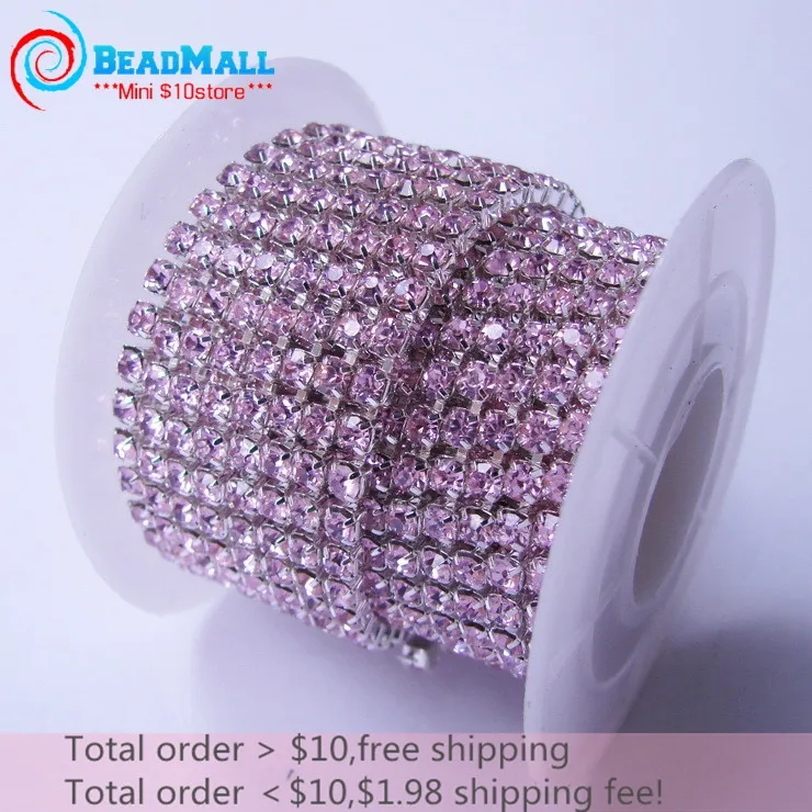 Минимальный заказ$10 ss12 стразы цепочкой, 5 м/лот, серебристого металла, розовое стекло стразы с плоской задней стенкой, свадебные декоративные стразы цепочкой оптом