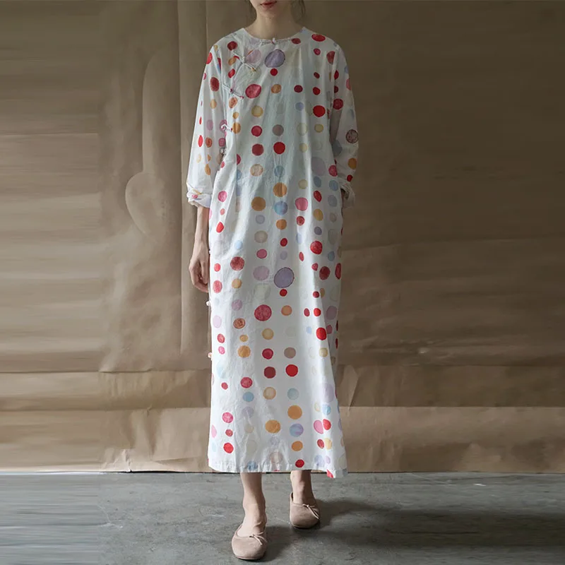 Johnature женское Новое хлопковое льняное платье с круглым вырезом и пряжкой Cheongsam 2021