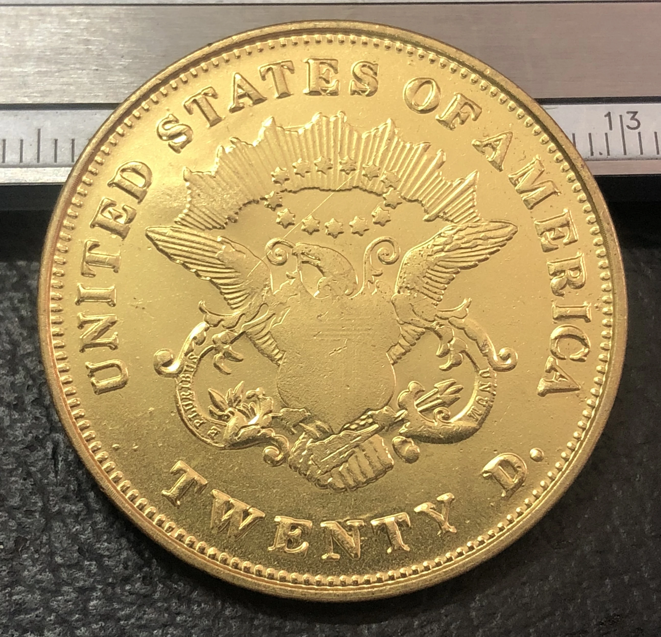 1857 P.O.S голова свободы (без девиза на обратной стороне) двадцать долларов или