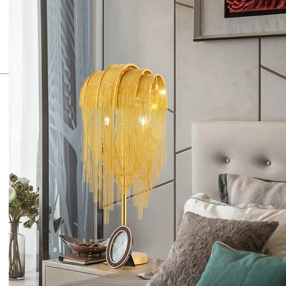 

Дизайнерская светодиодная лампа g9 в скандинавском стиле с железной алюминиевой цепью, хромированная, золотистая, светильник па, настольная...