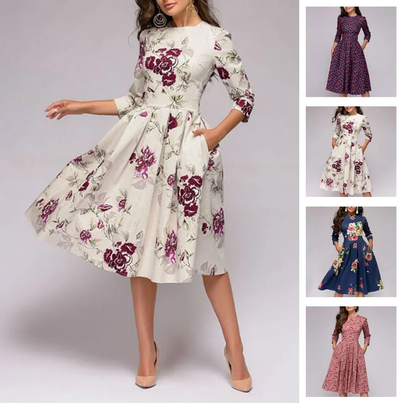 Осень-зима, длинное женское платье, vestido, Формальное, повседневное, круглый вырез, рукав три четверти, вечерние, Ретро стиль, цветочный принт, элегантное женское платье