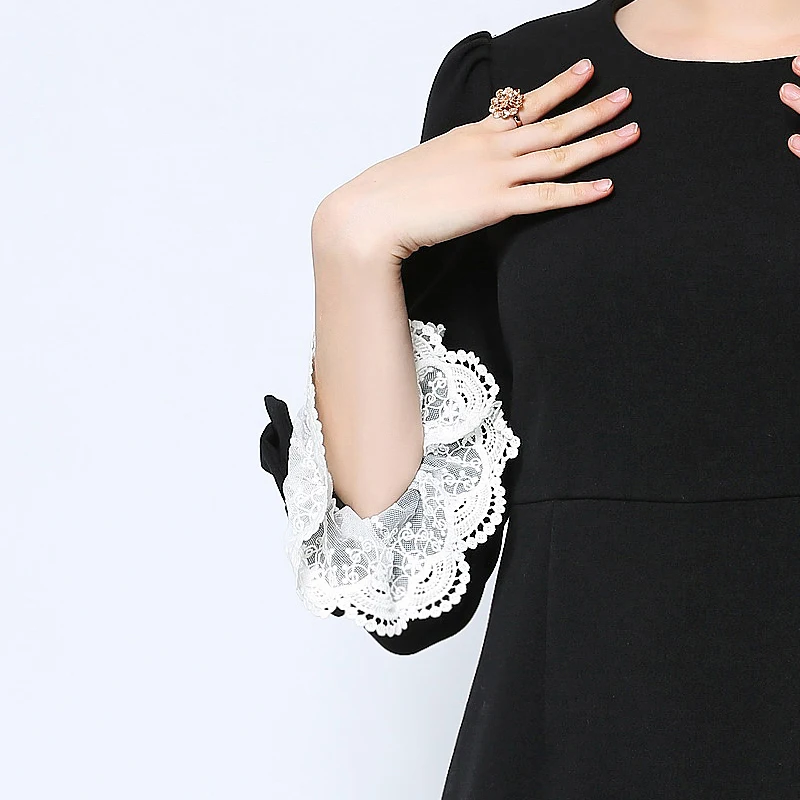 Women Black White Dress 2016 New Patchwork Lace Bow Flare Sleeve O-neck Autumn Ruffles Hem Plus Size | Женская одежда