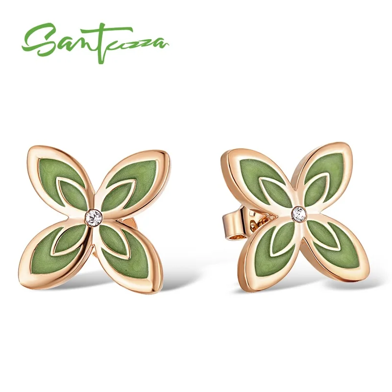 Rose Gold (Green) Женские серьги в виде цветка SANTUZZA, элегантные Разноцветные серьги в виде цветка, сверкающие кристаллы, Модные Винтажные Ювелирные изделия ручной работы, эмаль - Окраска металла: Rose Gold (Green)