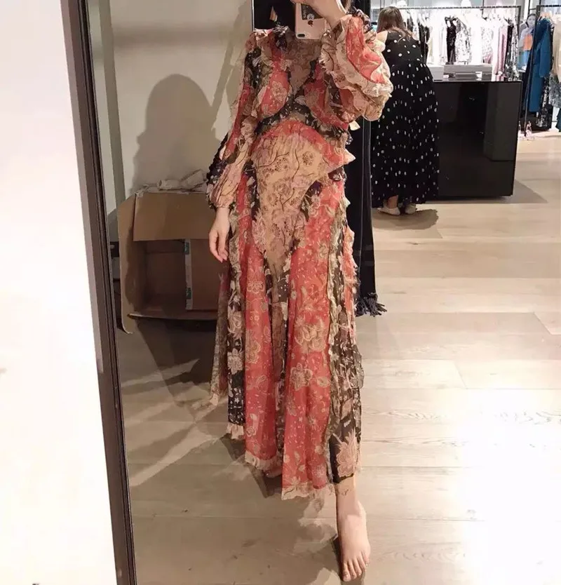 

Ukraine Vestidos Mujer Special Offer Silk Polyester Vintage A-line Full Ruffles Summer New Fashion Print Silk-blend Maxi Woman