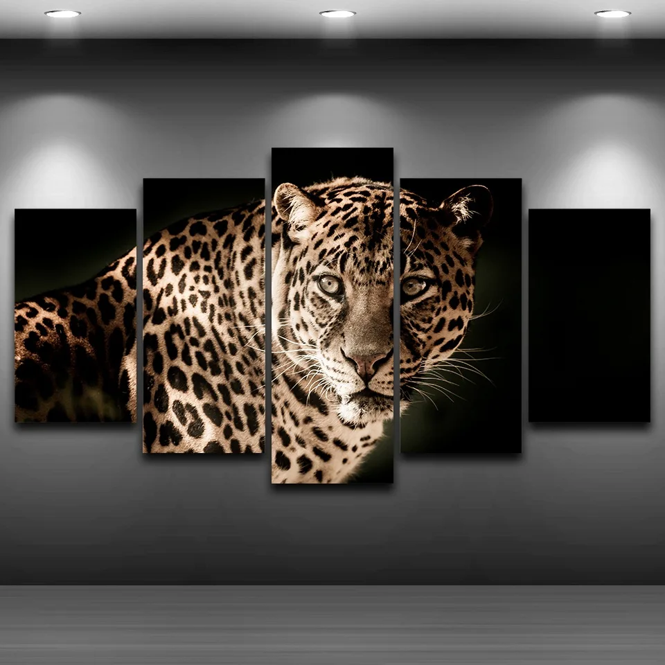 

Painting On Canvas Decor Posters HD Printed Modern 5 Panel Ferocious Leopards Modular Picture Wall Art Home Frame Living Room