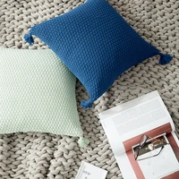 blue knit cushion cover solid color tassel pillow case polyester decorative pillowcases sofa bed and seat square 4545cm