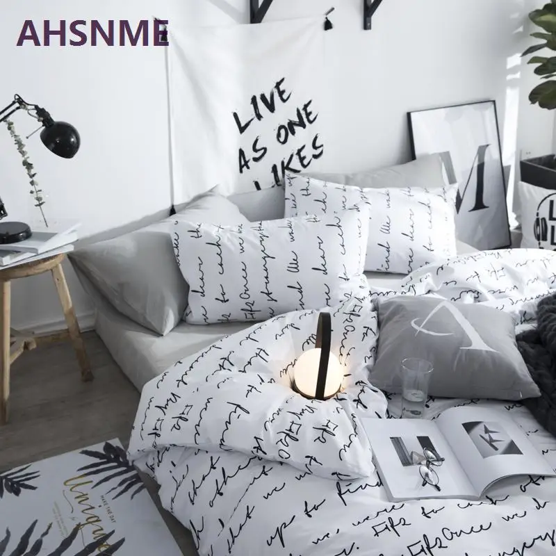 AHSNME, хлопок, постельное белье, современный минималистичный, постельное белье King, двойной размер, покрывало, черный и белый, геометрический узор, пододеяльник - Цвет: 1