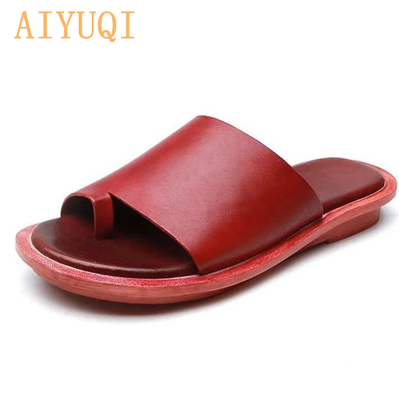 AIYUQI; женские Вьетнамки; Новинка года; летние шлепанцы из натуральной кожи; женская повседневная обувь на плоской подошве с открытым носком; женская летняя обувь