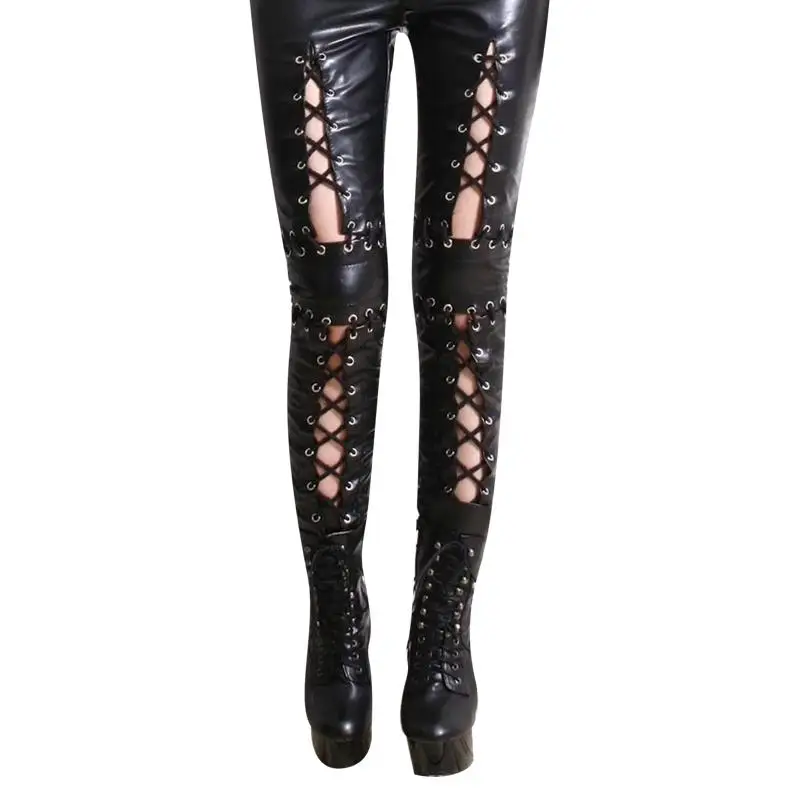 Женские черные кожаные леггинсы на шнуровке размера плюс XXL высококачественные