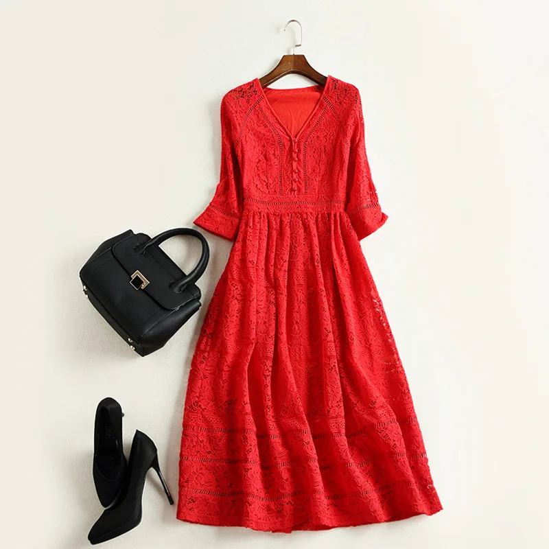 

AYUNSUE Spring Autumn Lace Dress Female 2020 Elegant Hollow Out Black Red Party Dresses For Women A-line Vintage Vestido WYQ1107