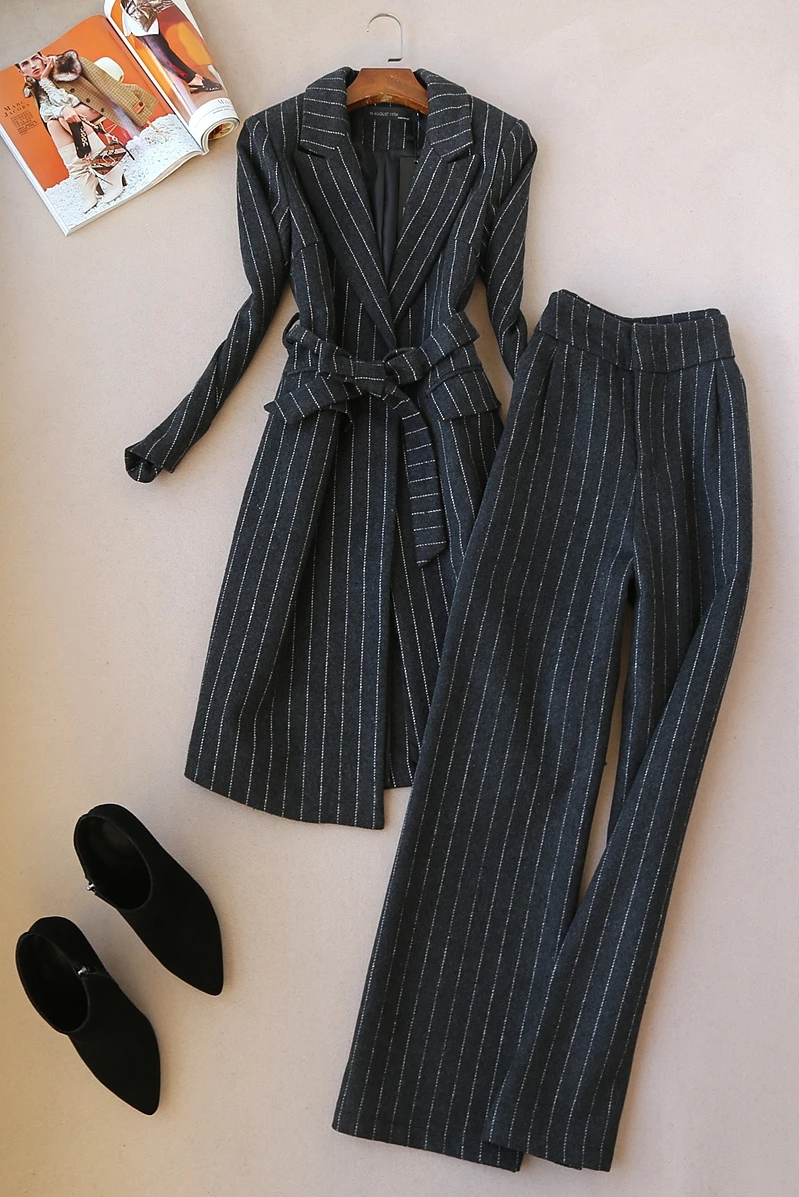 Spring women's autumn and winter new fashion suit woolen jacket jacket striped jacket long coat + wide leg pants ladies suit
Spring women's autumn and winter new fashion suit woolen jacket jacket striped jacket long coat + wide leg pants ladies suit