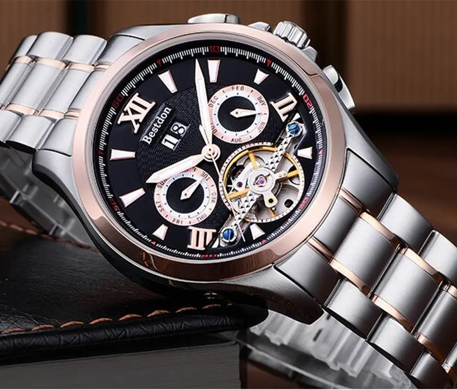2017 Bestdon Skeleton Tourbillon механические часы автоматические мужские розовые золотые