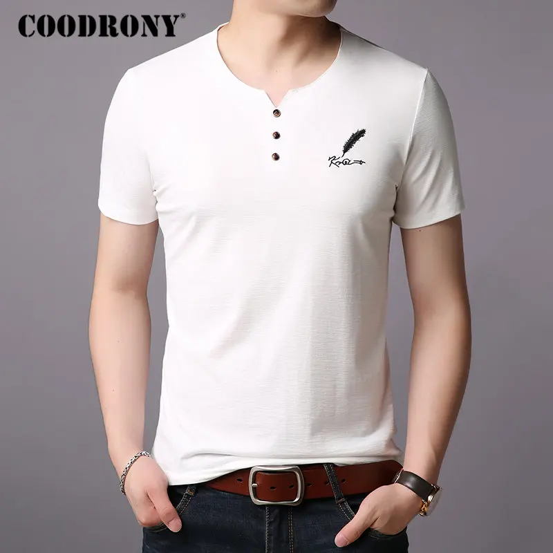 COODRONY, хлопковая футболка, мужская, короткий рукав, футболка, мужская, весна-лето, уличная одежда, повседневная, на пуговицах, с воротником, футболка, Homme S95007 - Цвет: Белый