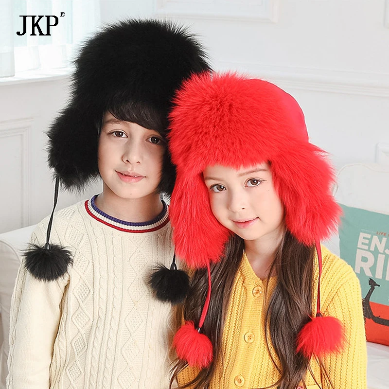 Детская шапка из натурального меха енота теплая лисьего для мальчиков и девочек