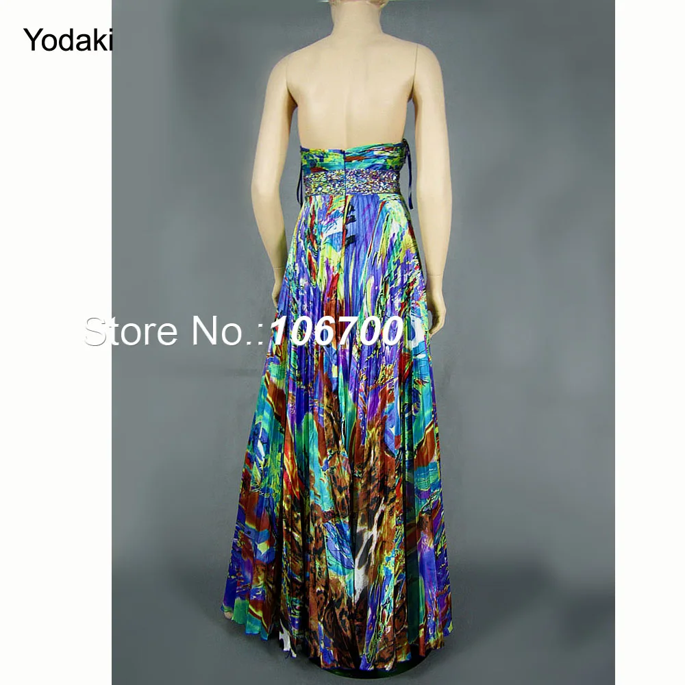 

Free Shipping Sweetheart Neckline Handmade Crystal Beaded Sequins Bridesmaid Print Pleated Charmeuse Long Prom Dress JA120411