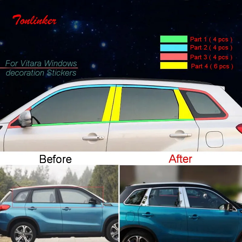 

Тонлинкер Внешняя Автомобильная дверь окна крышка наклейка s для SUZUKI Vitara 2016-19 стайлинга автомобилей 6-10 шт. крышка из нержавеющей стали накле...