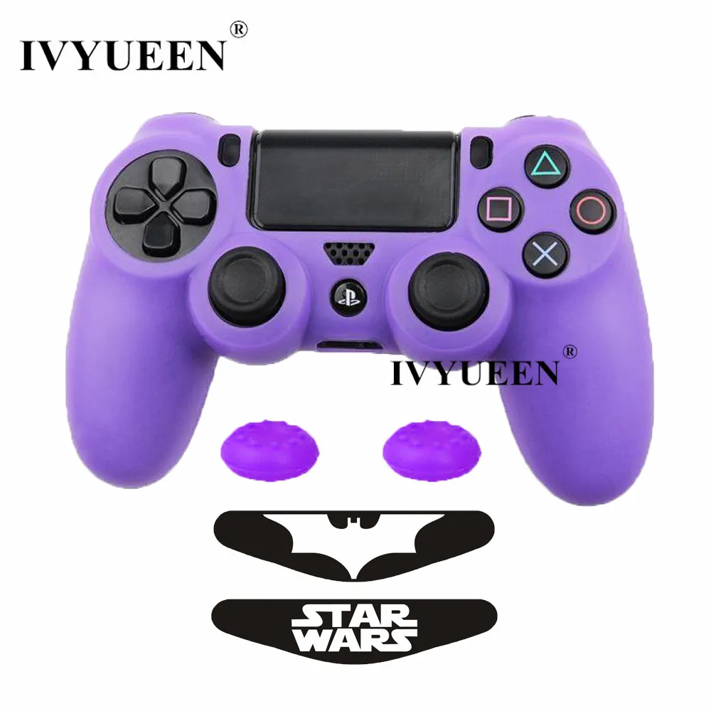 Фиолетовый IVYUEEN 5 в 1 для Dualshock 4 PS4 Pro тонкий контроллер силиконовый гелевый Чехол для кожи+ палки с захватом для большого пальца+ 2 светодиодный стикер - Цвет: Фиолетовый