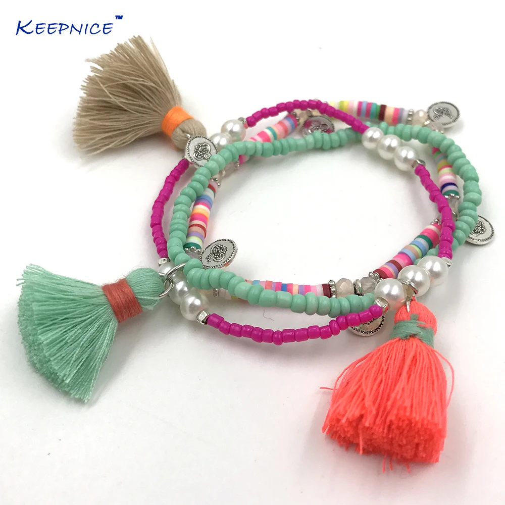 Новый Богемия Boho Chic браслет цвета радуги кисточкой Подвески нескольких слоев