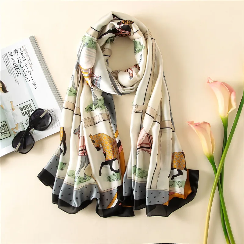 Natural Silk Scarf Luxury Brand Women Neckerchief Summer Horse Printed Shawls Wrap Foulard Hijab Long Head Scarves Stoles | Аксессуары