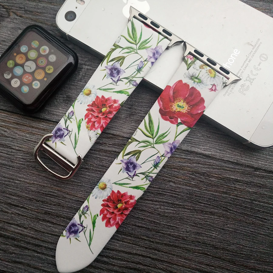

Vintage Custom Flour Printed Watch Bands for Apple Genuine Leather Wrist Bands for Apple Watch 38mm 40mm 42mm 44mm with Cartier