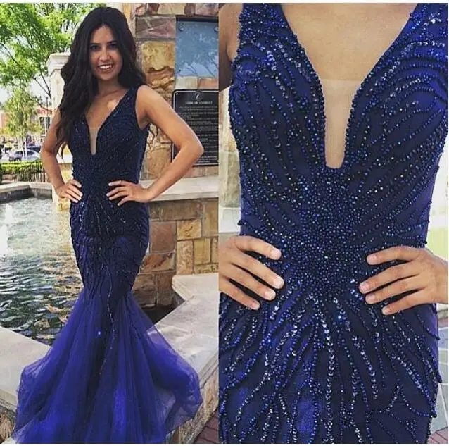 2017 Глубокий V Шеи Королевский Синий Бисером Вечерние Платья Тюль Новый