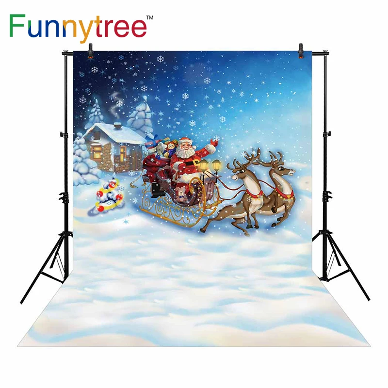 Фоны Funnytree для фотостудии Зимний Рождественский снег Санта Клаус сани | Фон для фотосъёмки -32955373231