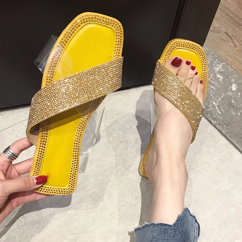 Rimocy shining crystal pvc transparent slippers women summer beach casual slip on flat heels sandals shoes woman yellow slides | Обувь