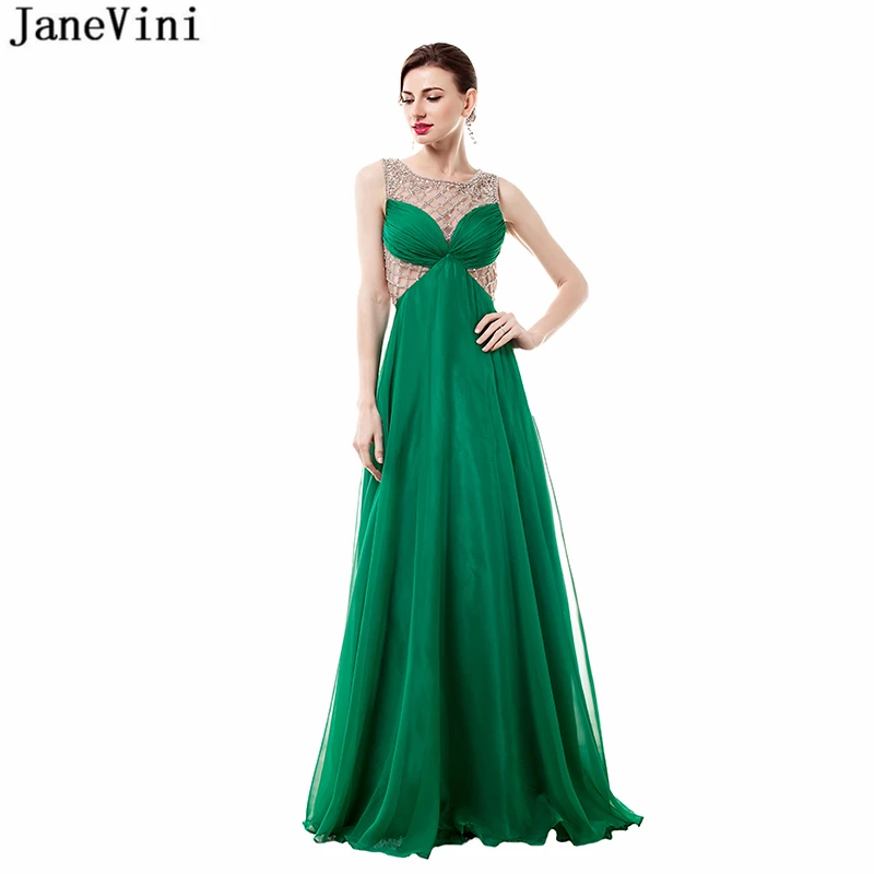 

JaneVini Sexy Chiffon Long Bridesmaid Dresses Scoop Neck Beaded Floor Length Illusion Back A Line Formal Prom Gowns Plus Size