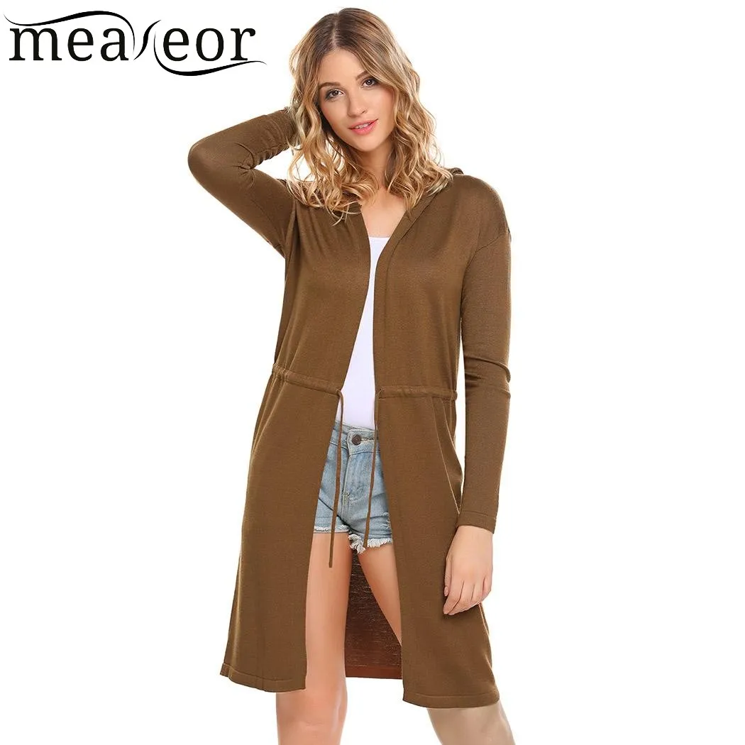 Meaneor Women Hooded Cardigan Sweaters Casual Long Sleeve Solid Open Stitch Drawstring Slim Knit Female Outwear Tops |
