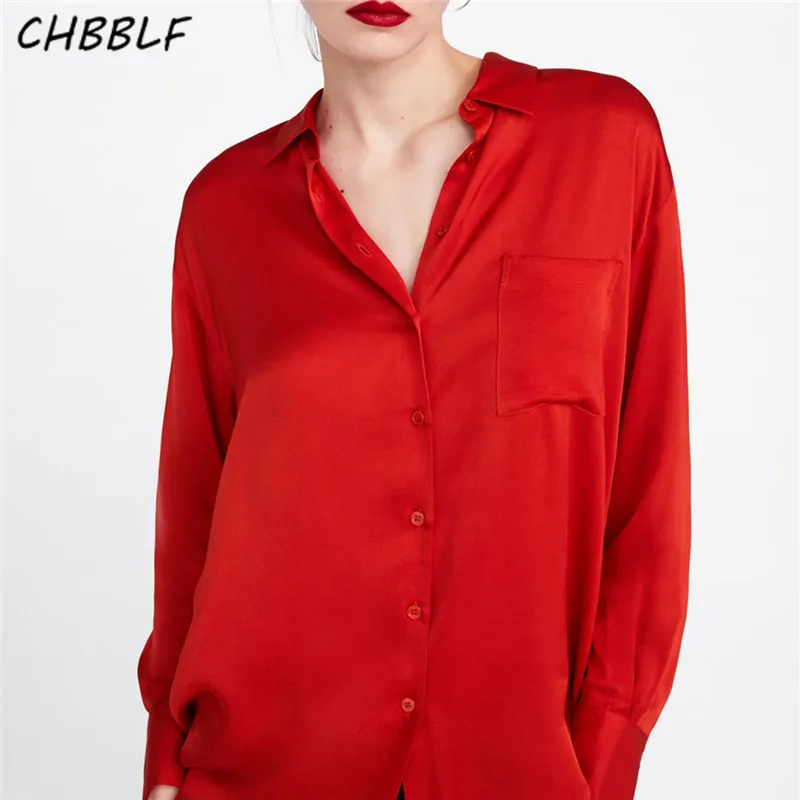 

CHBBLF women casual pocket silk satin texture shirt turn down collar chic female stylish tops blusas POP1919