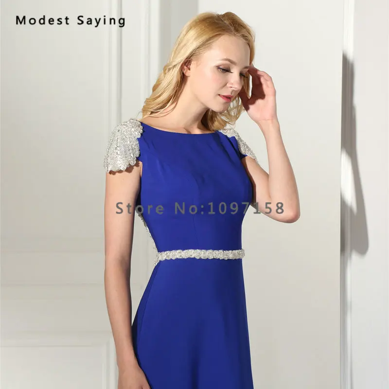 

Luxury Royal Blue A-Line Boat Neck Crystal Beaded Short Sleeve Evening Dresses 2017 with Rhinestone Women Formal Party Prom Gown