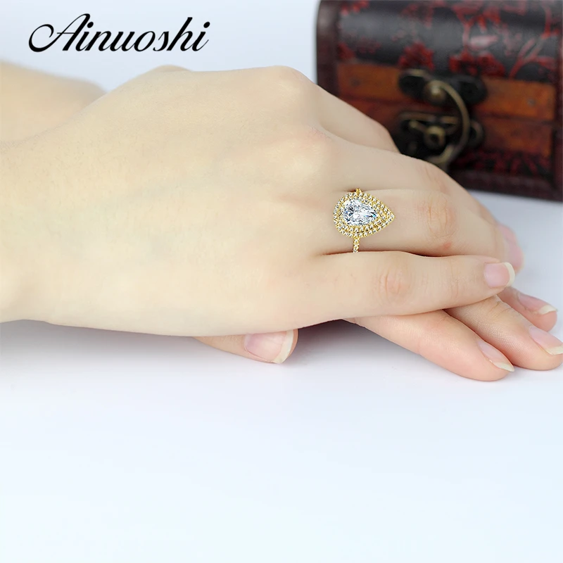 AINUOSHI двойное Halo Кольцо с вкраплениями 14K твердого белого/желтого золота Anillo 2 карата жемчужина вырезанные имитация алмаза женские кольца на годовщину