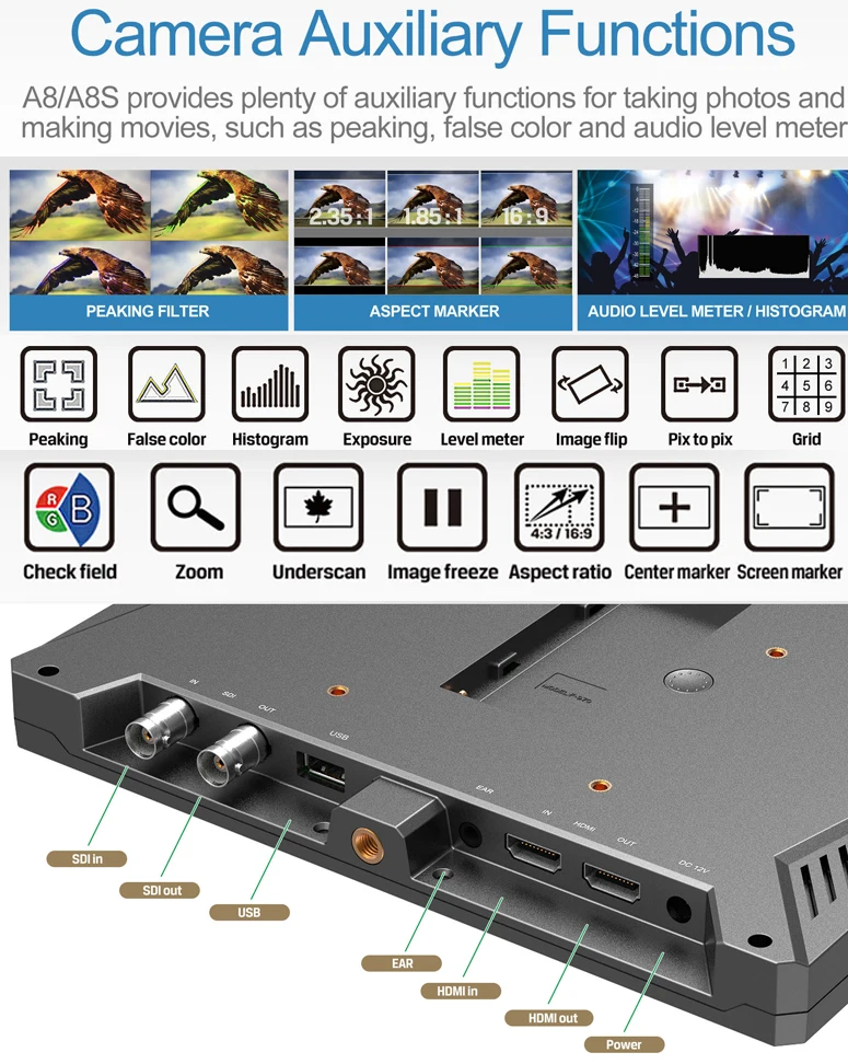 LILLIPUT A8S 8 9 дюйма 350nit 3G SDI мини HDMI монитор 3D LUT камера полевой 4K 1920X1200 DSLR