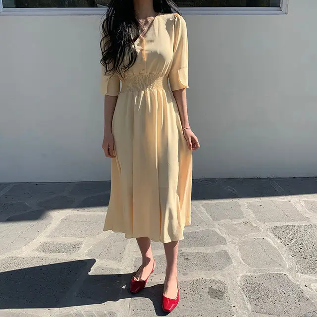 GRUIICEEN elastic waist V-neck women summer dress single breasted solid color ladies dresses 2019 new arrival GY2018712 | Женская одежда
