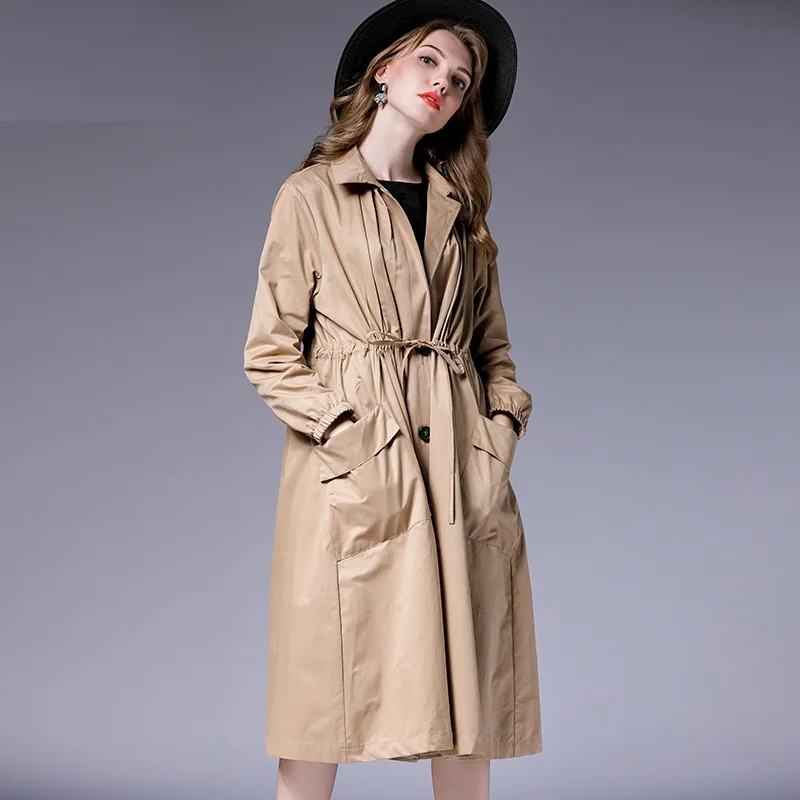 

Trench Coats Women 2020 Plus Size Formal Work Casual Autumn Winter Black Pocket Elastic Waist Vintage Oversized Trenches Coat5XL