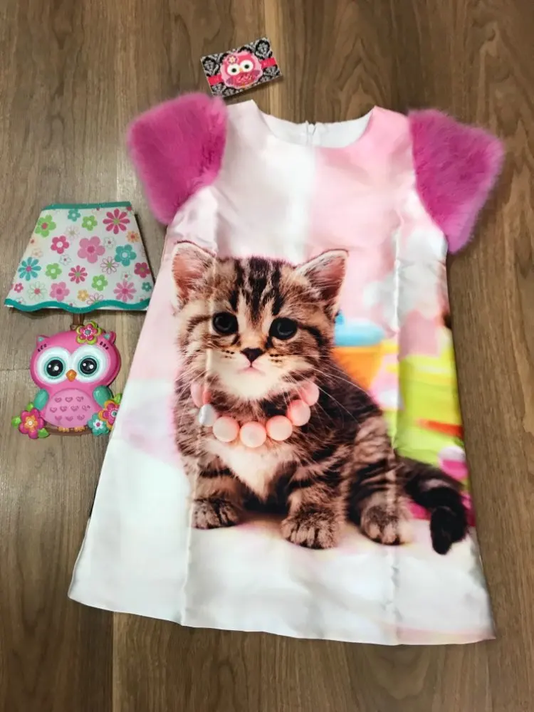 Toddler Girls Dress Birthday party Dresses Spring/Autumn faux fur sleeve Kids Children Clothing baby lovely cat print 2-10Y | Детская