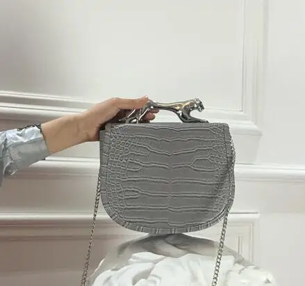 gray Известный бренд, модные женские сумки, Ретро стиль, Аллигатор, искусственная кожа, сумки через плечо, сумки на плечо, металлические, с леопардовой ручкой, сумки-тоут - Цвет: gray