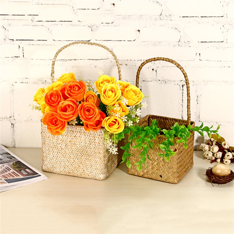 Тканые Seagrass Tote Органайзер ручка корзина для растений сад цветок растение ручной
