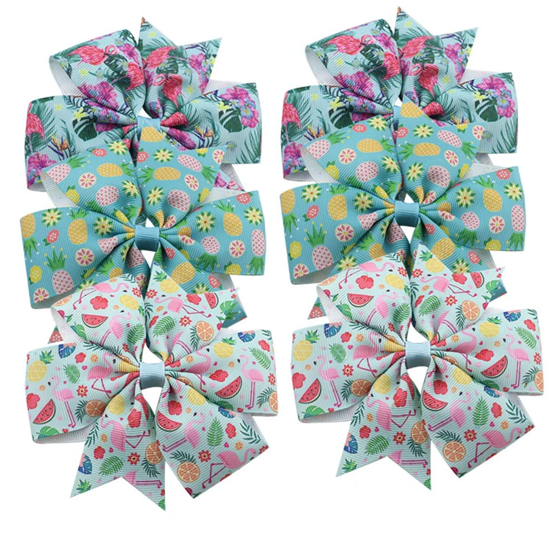Children ribbed print hairpins Pineapple Flamingo cartoon Swallowtail Bows Hair clips Girls accessories Ties Headdress | Детская одежда