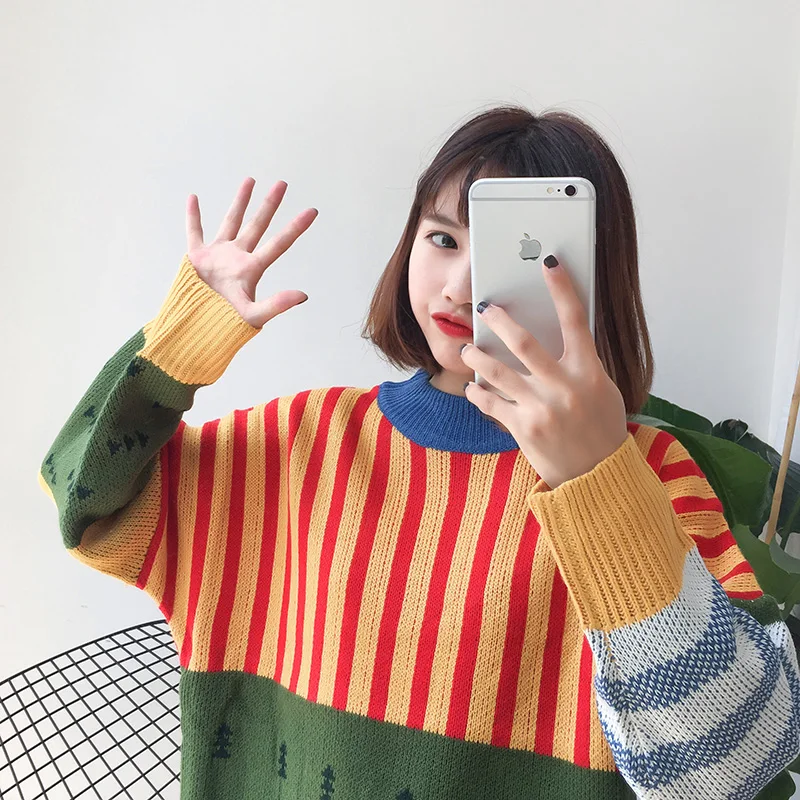 South Korea Ulzzang 2017 Harajuku Winter Sweaters Stripes Hit Color Loose Bat Head Women Sweater Korean | Женская одежда
